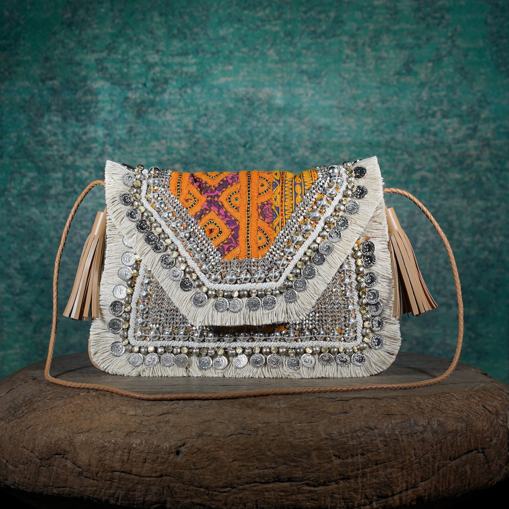 Off White-Tan Banjara Clutch 004