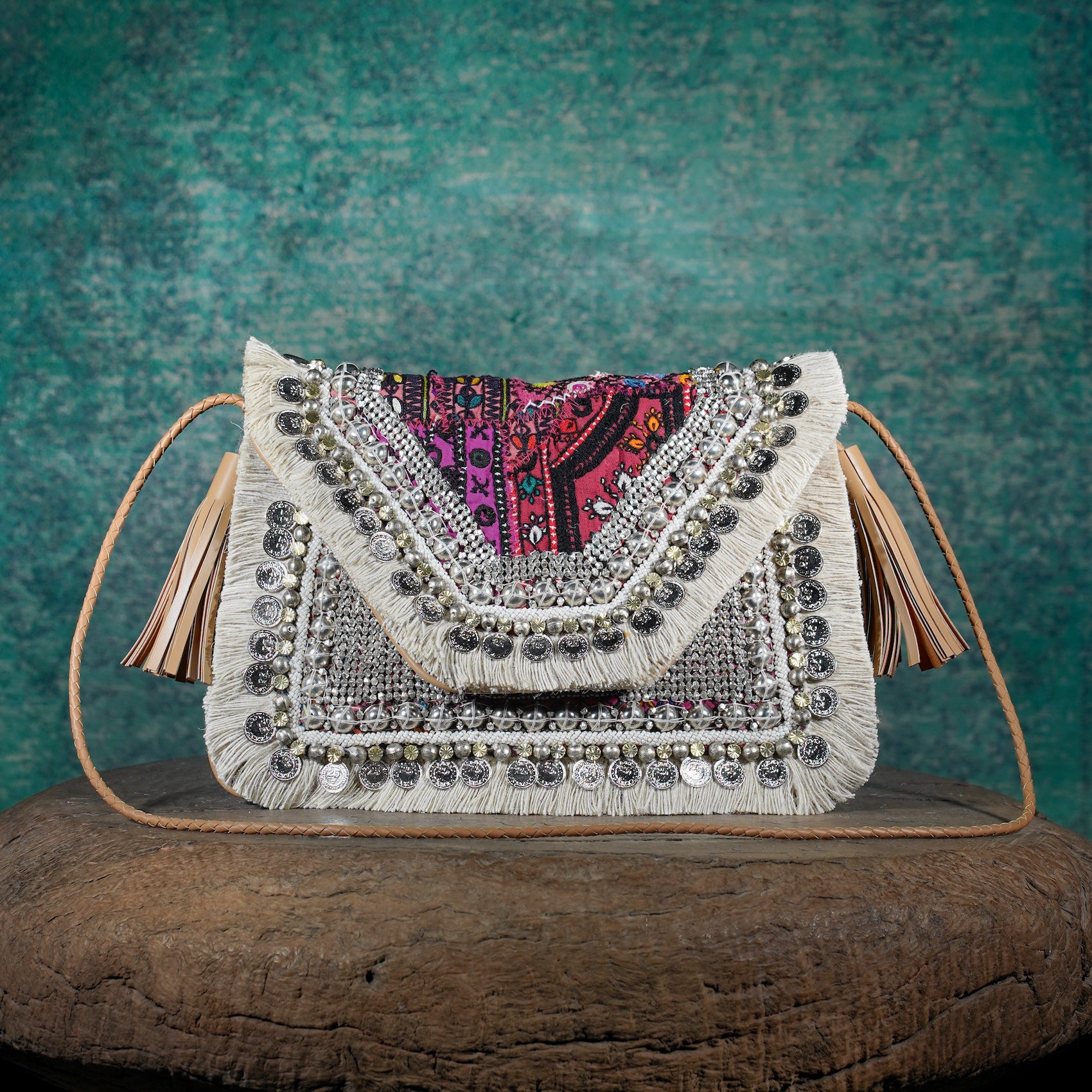 Off White-Tan Banjara Clutch 006