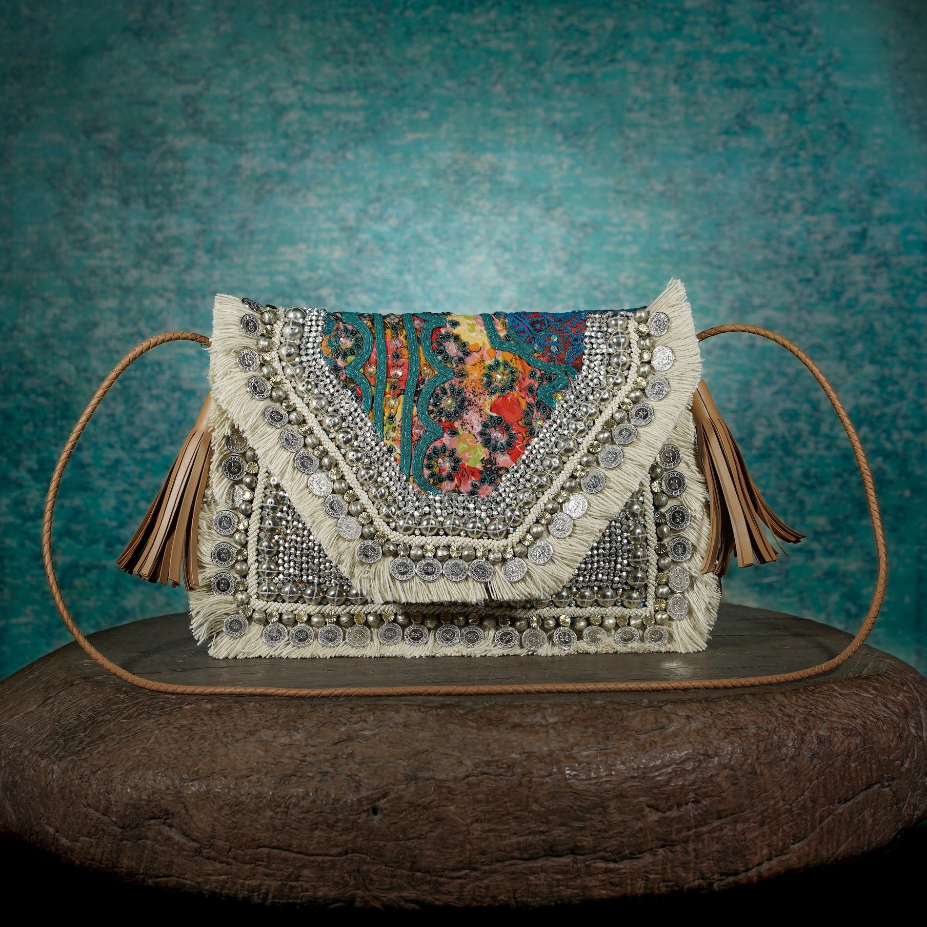 Off White-Tan Banjara Clutch 011