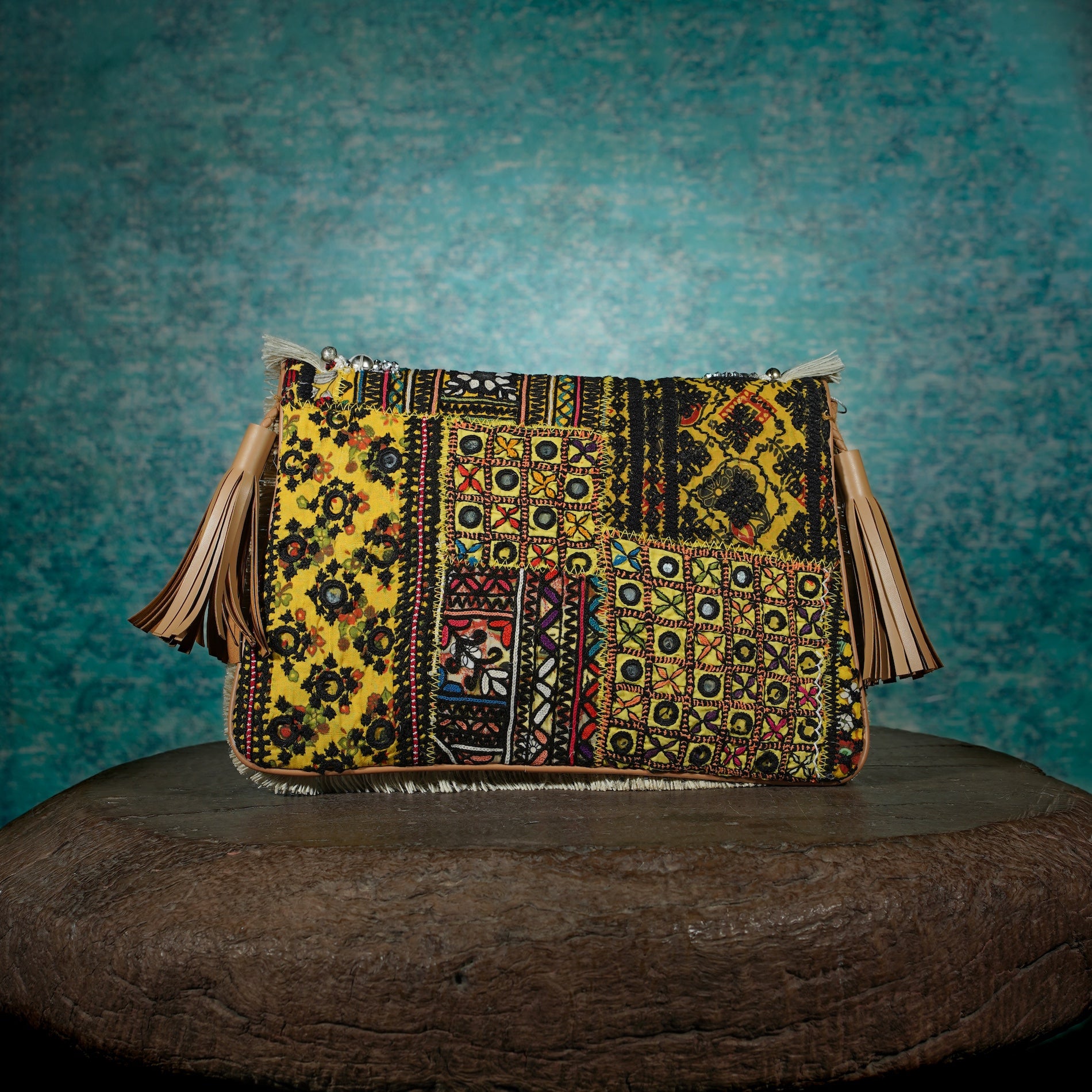 Off White-Tan Banjara Clutch 013