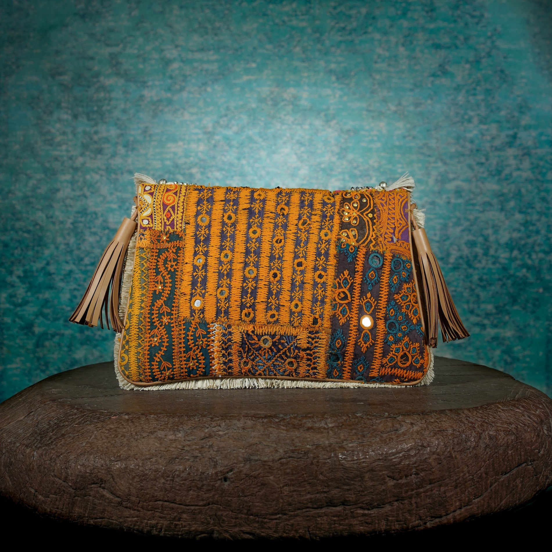 Off White-Tan Banjara Clutch 016