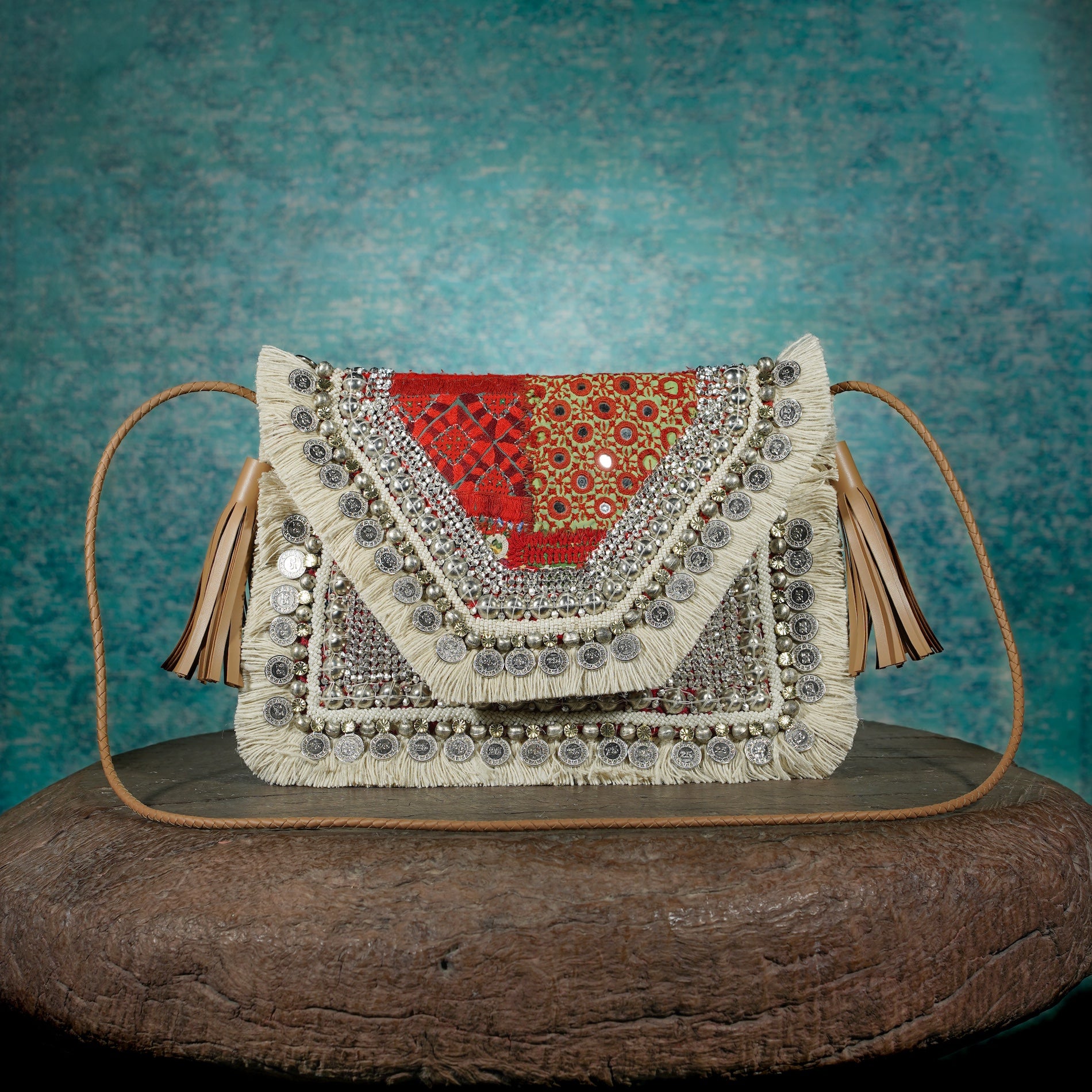 Off White-Tan Banjara Clutch 017