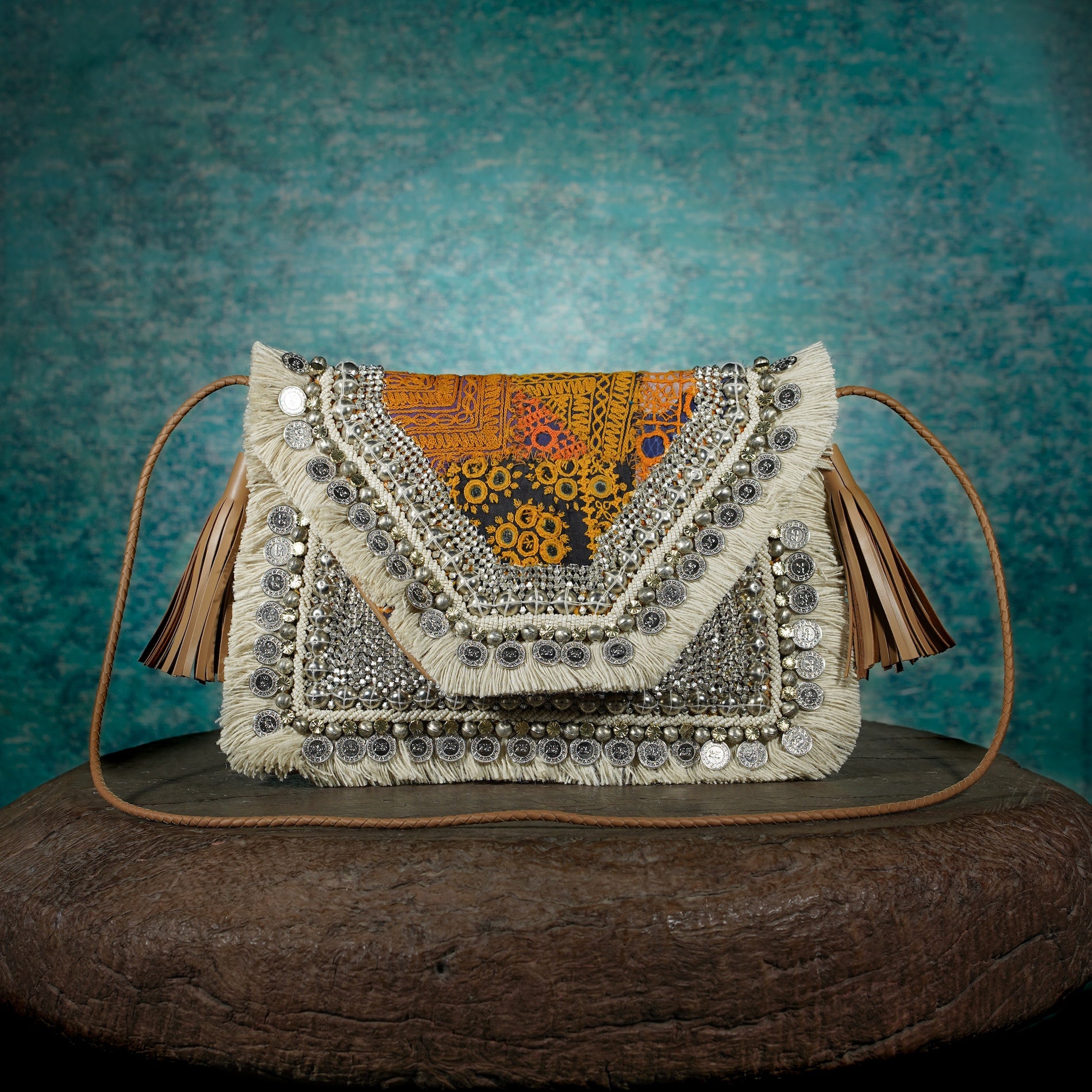 Off White-Tan Banjara Clutch 018