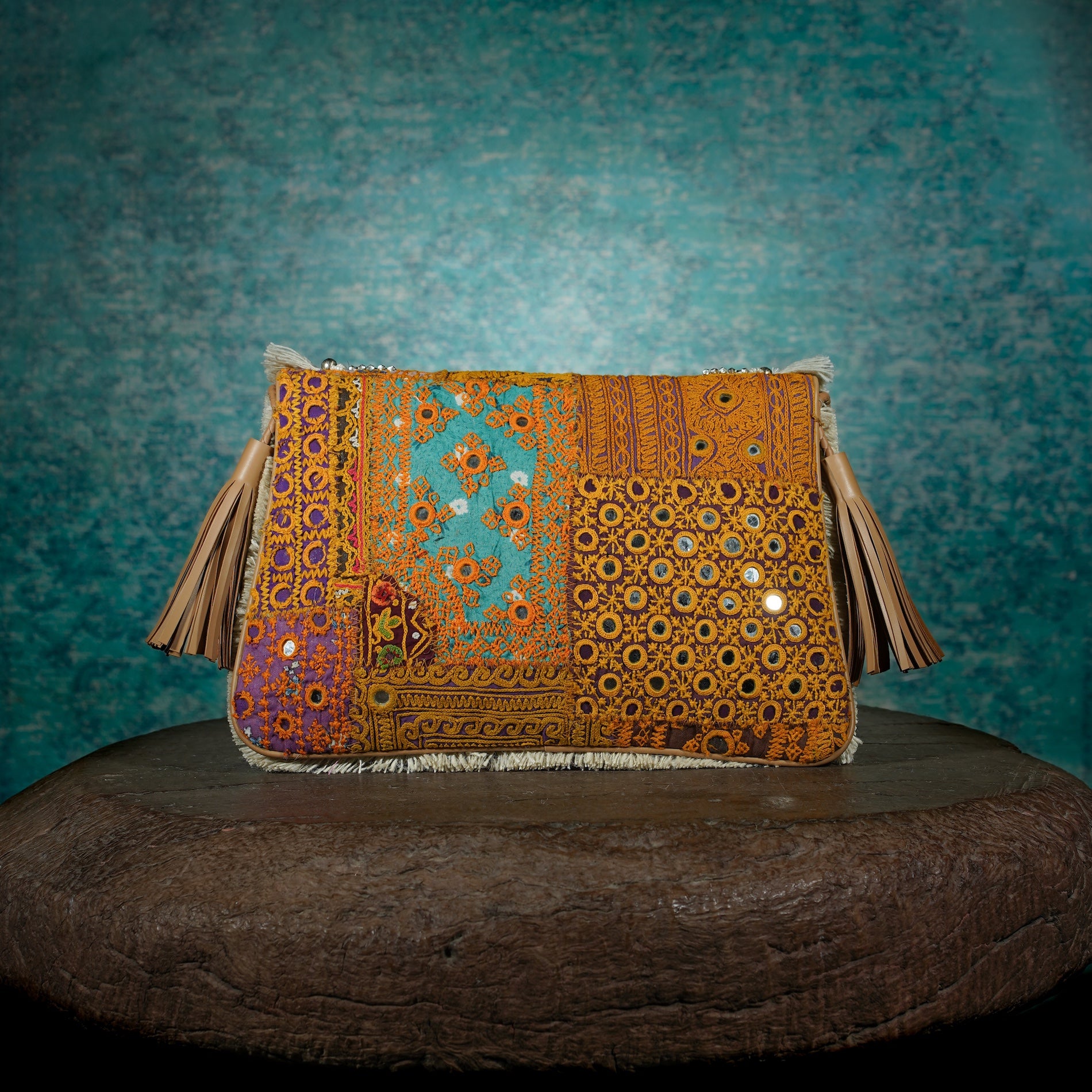 Off White-Tan Banjara Clutch 018