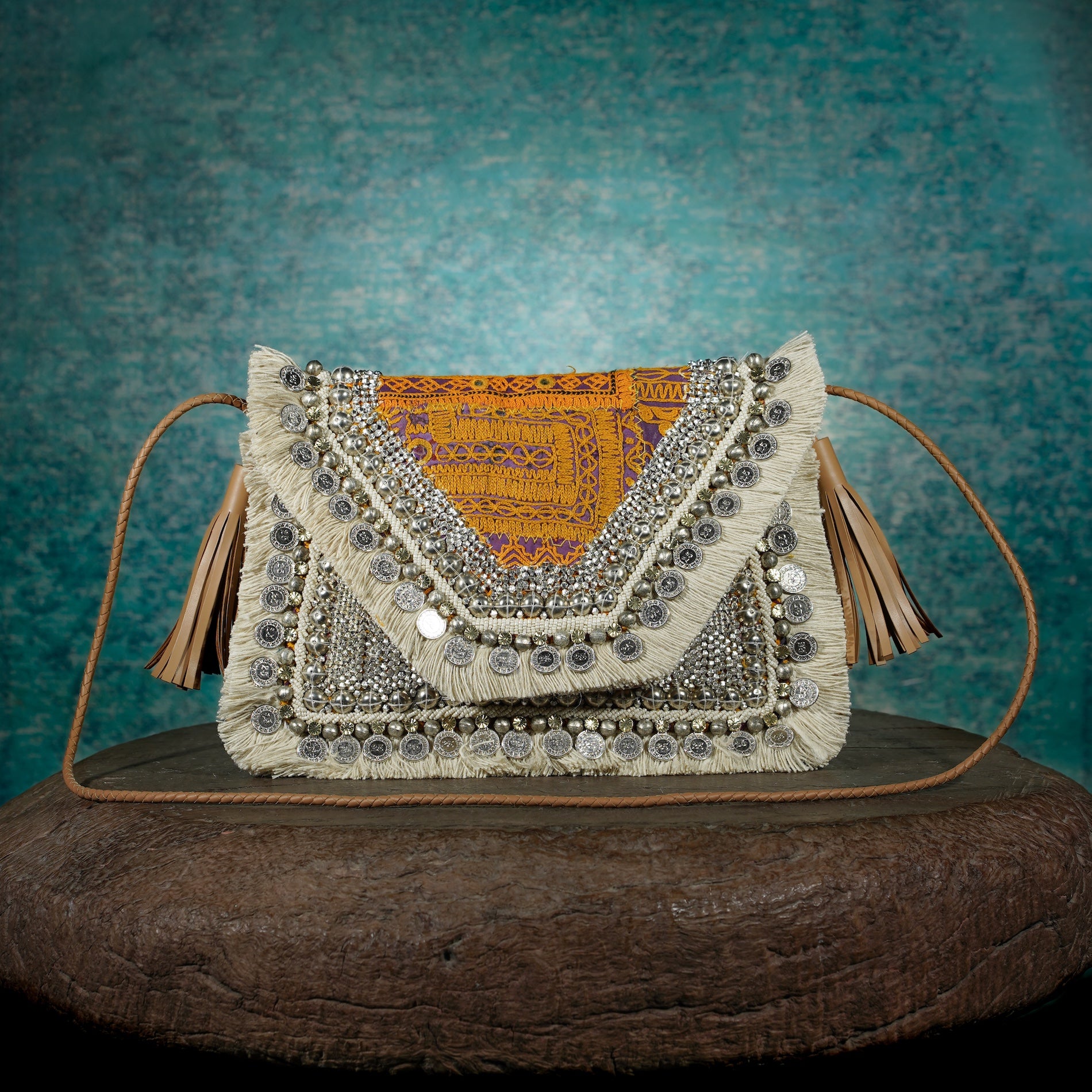 Off White-Tan Banjara Clutch 020