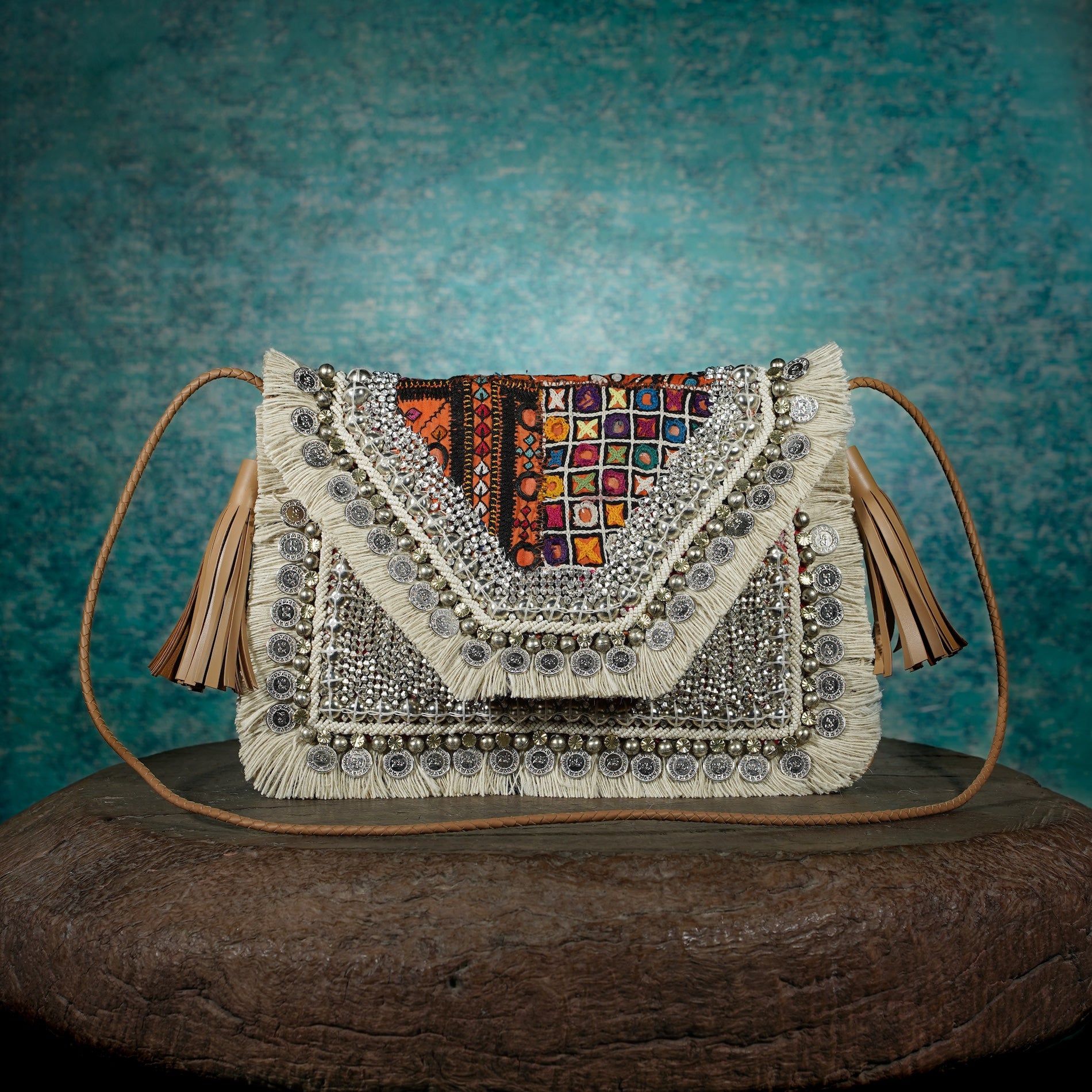 Off White-Tan Banjara Clutch 012