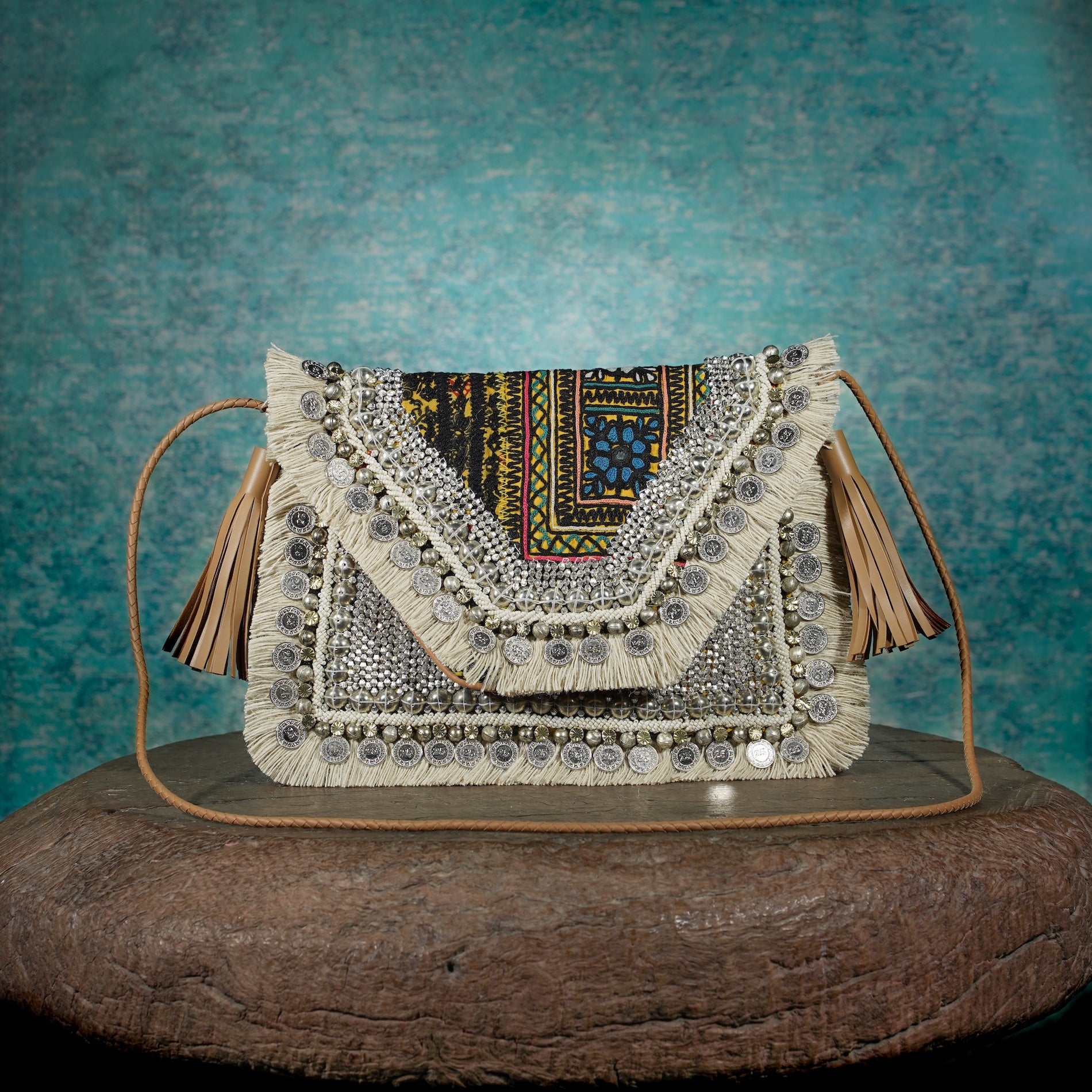 Off White-Tan Banjara Clutch 013