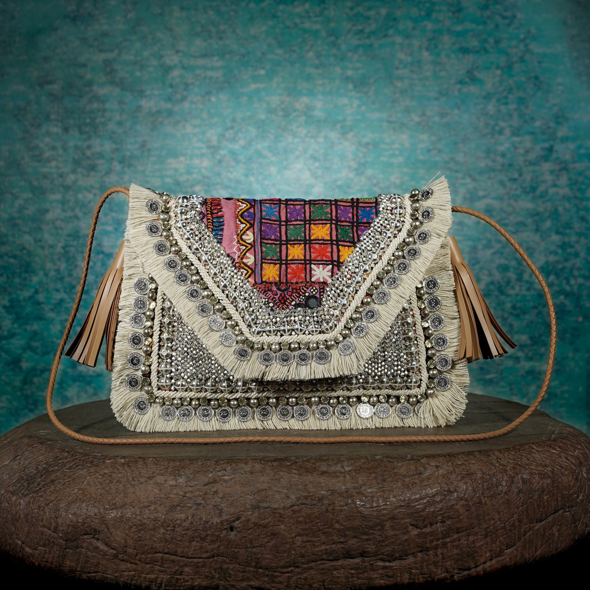 Off White-Tan Banjara Clutch 014