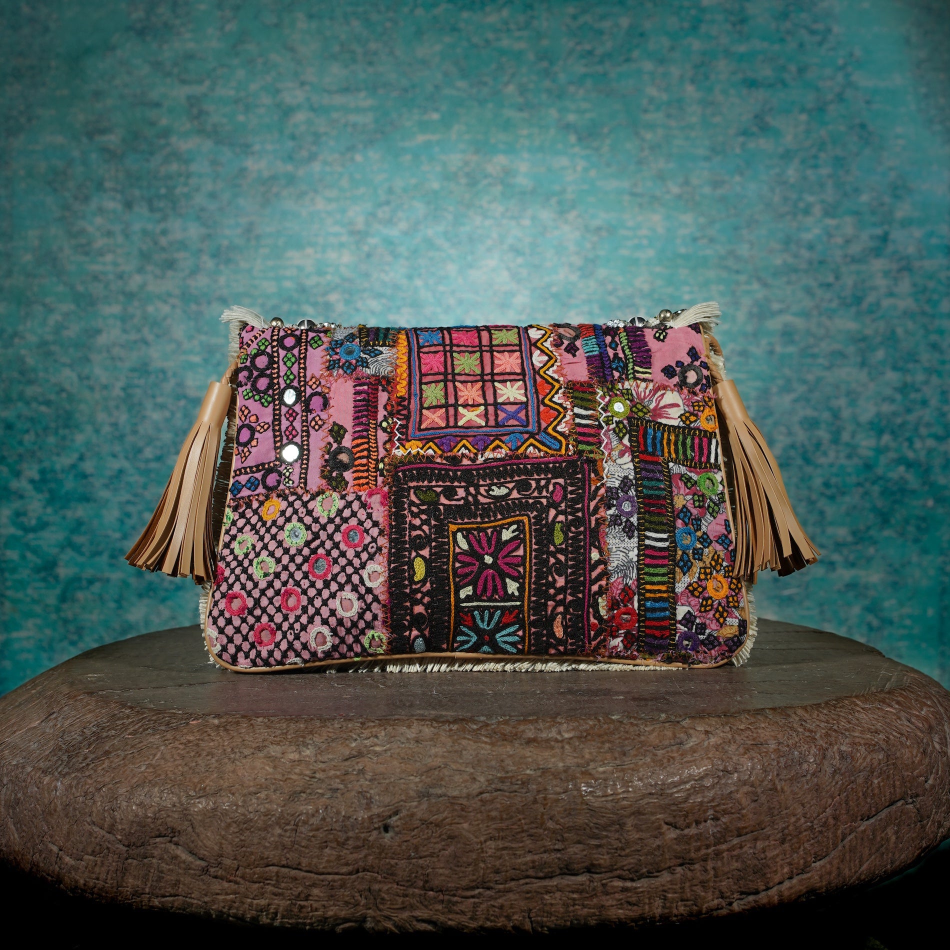 Off White-Tan Banjara Clutch 014