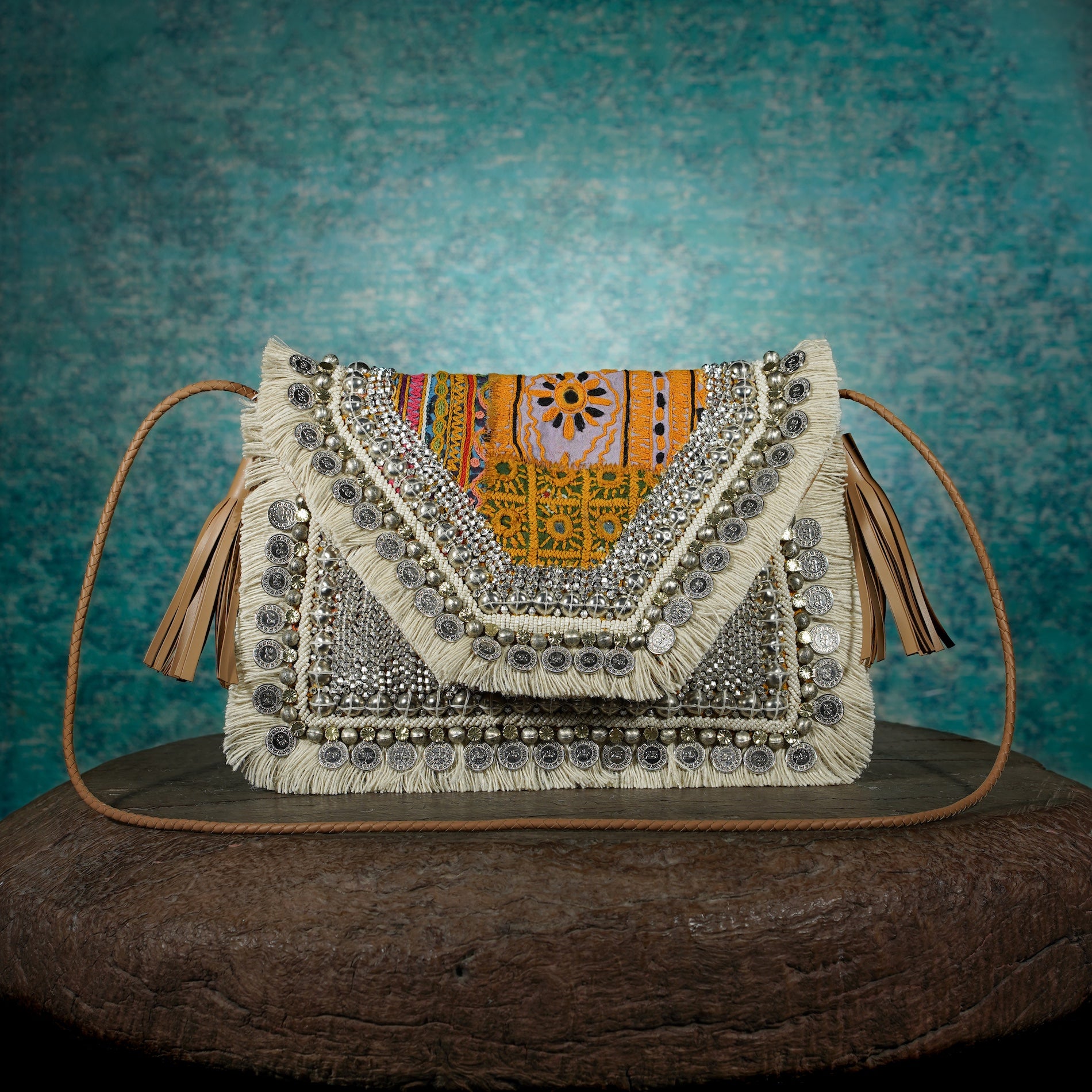 Off White-Tan Banjara Clutch 016