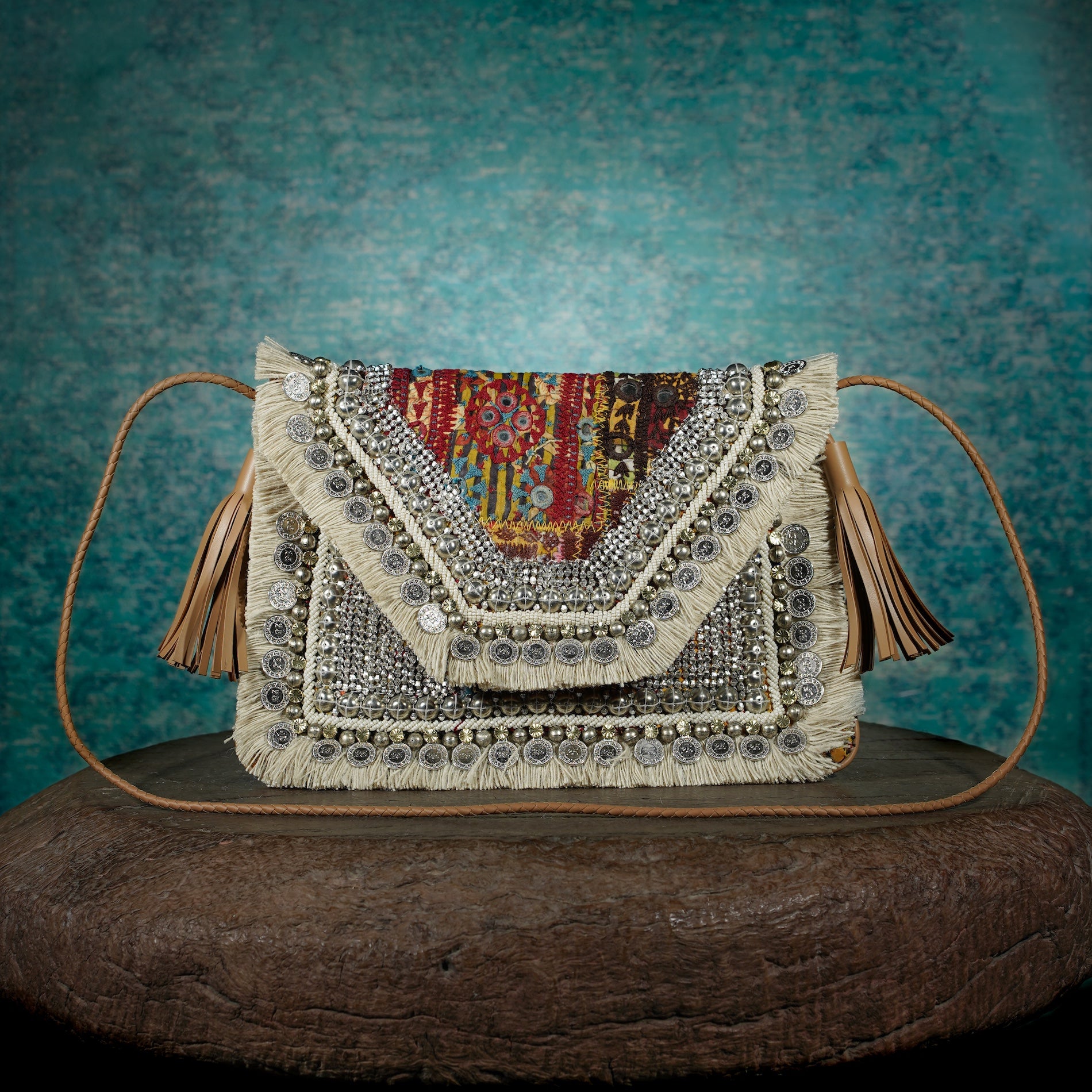 Off White-Tan Banjara Clutch 019