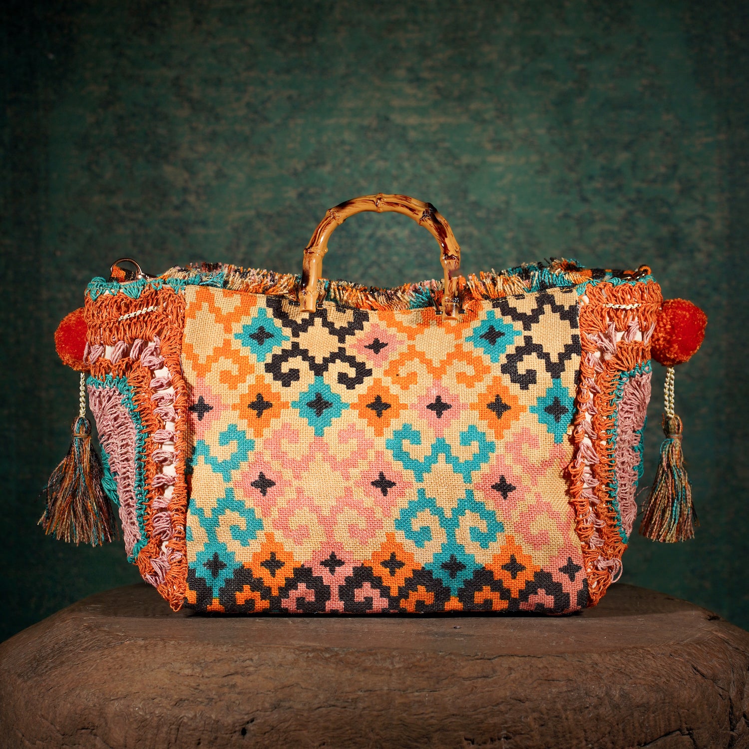 Orange Fulkari Jute Tote